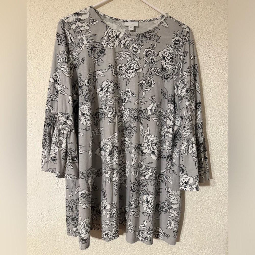 J.Jill Tunic Top Women Gray/White Floral Cotton/Rayon Blend 3/4 Bell Sleeve Sz1X